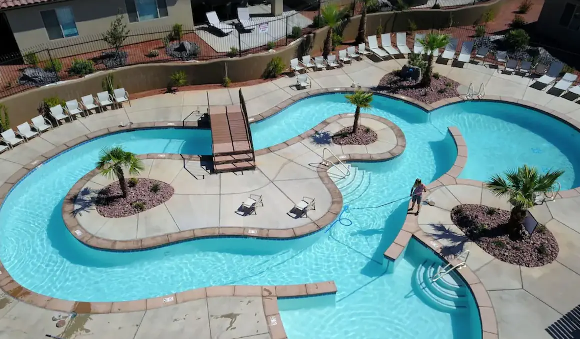 Lazy river from above, looping around palm islands